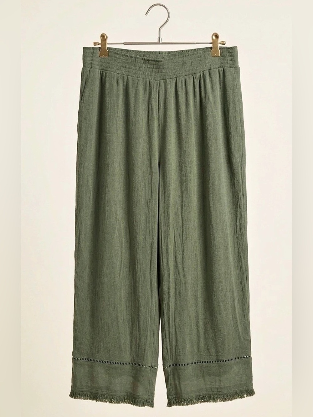 Zac & Rachel Wide Leg Cropped Fringe Lightweight Gauze Pants in Green Size Large